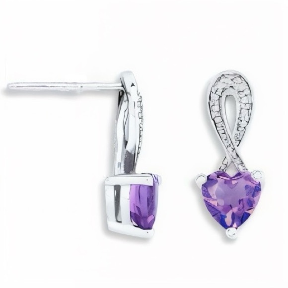 Amethyst Heart Diamond Drop Earrings Sterling 925 Silver February Aquarius Lilac